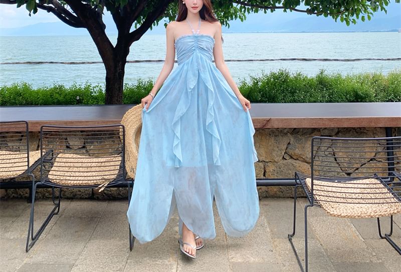 Halter Tie Dye Ruffle Side-Slit Maxi Sundress