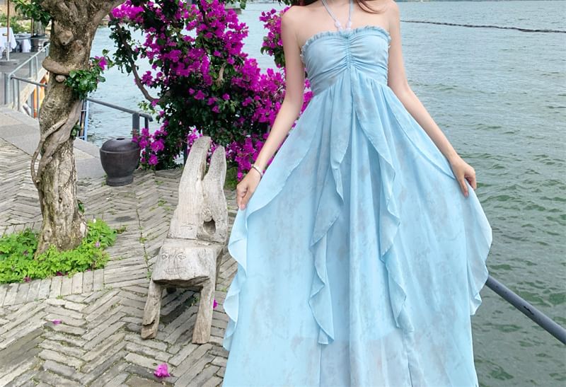 Halter Tie Dye Ruffle Side-Slit Maxi Sundress