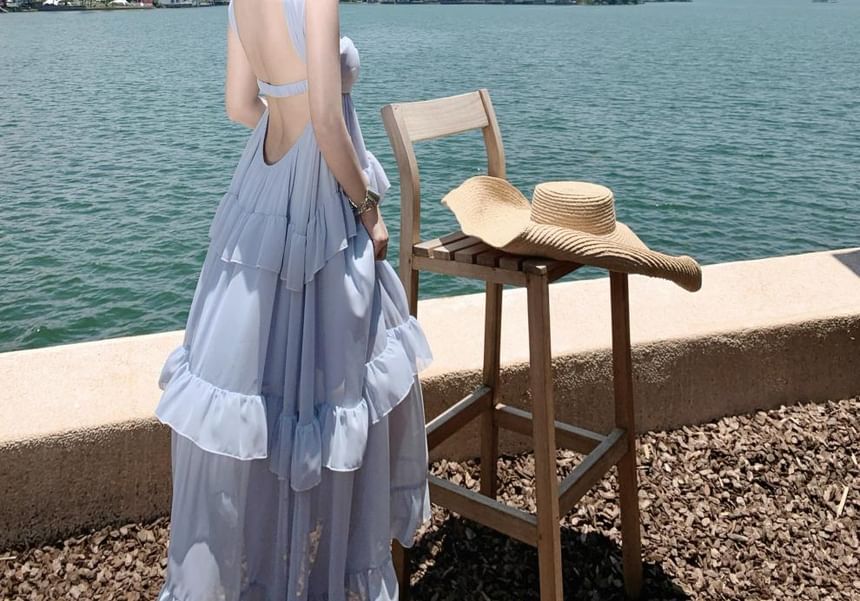 Halter Plain Ruffle Maxi Sundress