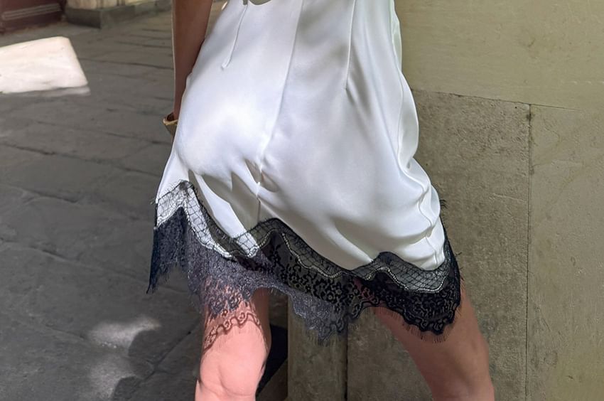 Spaghetti Strap V-Neck Lace Panel Mini Dress