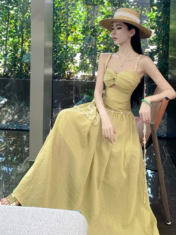 Spaghetti Strap Twist Front Cutout Maxi A-Line Dress