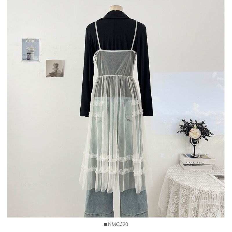 Spaghetti Strap Plain Sheer Midi A-Line Dress