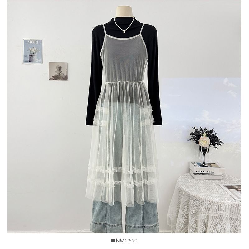 Spaghetti Strap Plain Sheer Midi A-Line Dress