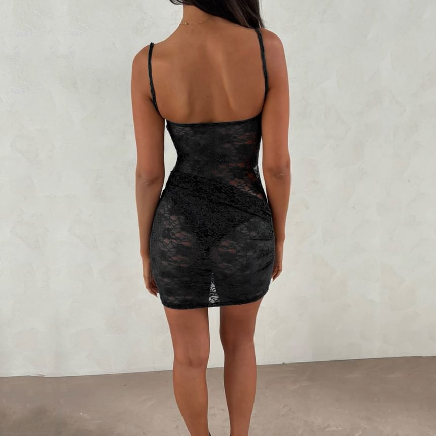 Mock Two-Piece Spaghetti Strap Lace Mini Bodycon Dress