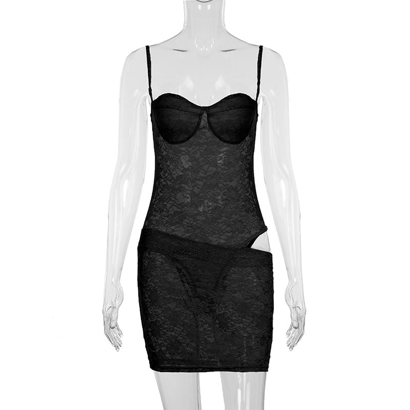 Mock Two-Piece Spaghetti Strap Lace Mini Bodycon Dress