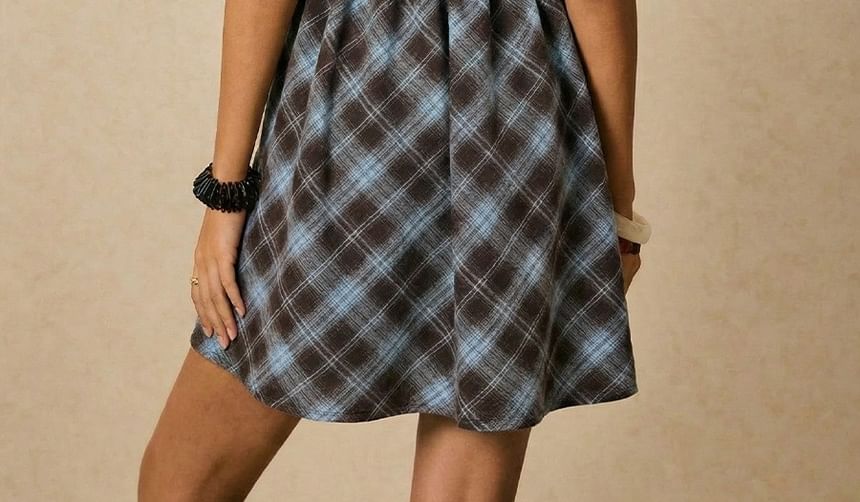 Spaghetti Strap Scoop Neck Tie-Front Plaid Mini A-Line Dress