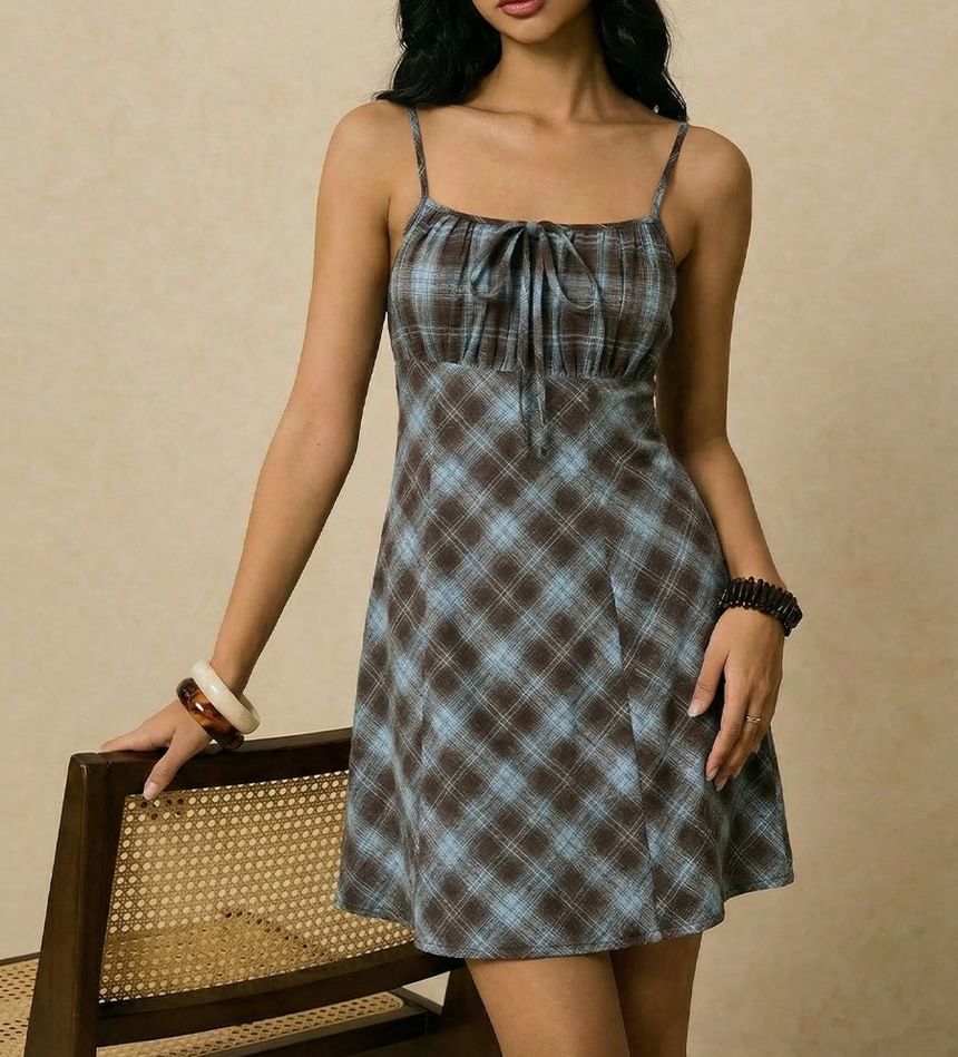 Spaghetti Strap Scoop Neck Tie-Front Plaid Mini A-Line Dress