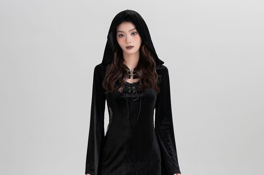 Set: Spaghetti Strap V-Neck Lace Panel Grommet Slit Midi Sheath Dress + Plain Hooded Buckled Shrug