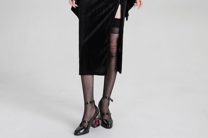 Set: Spaghetti Strap V-Neck Lace Panel Grommet Slit Midi Sheath Dress + Plain Hooded Buckled Shrug