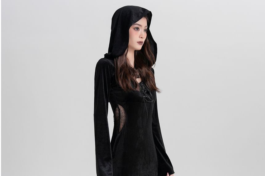Set: Spaghetti Strap V-Neck Lace Panel Grommet Slit Midi Sheath Dress + Plain Hooded Buckled Shrug