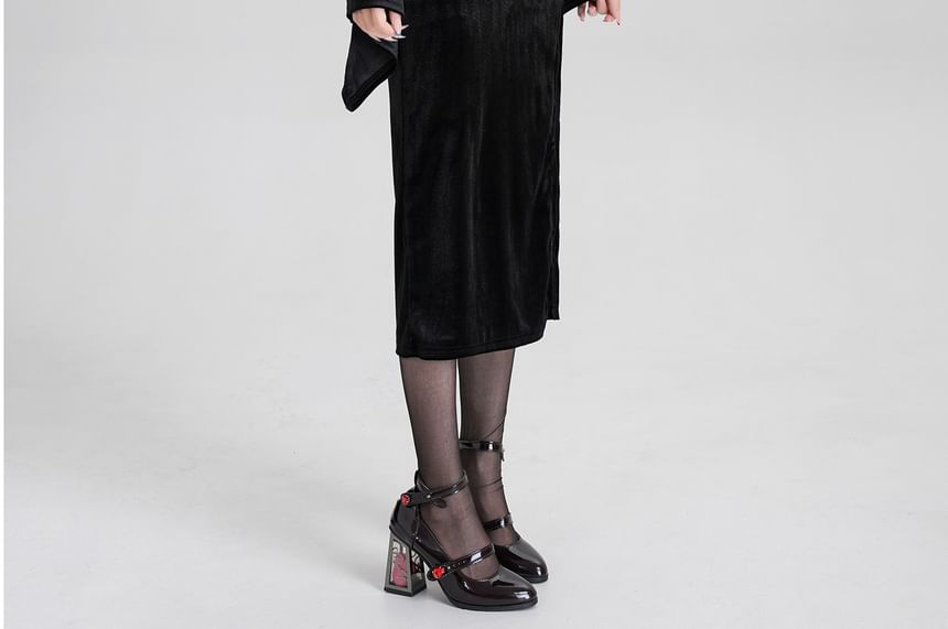 Set: Spaghetti Strap V-Neck Lace Panel Grommet Slit Midi Sheath Dress + Plain Hooded Buckled Shrug