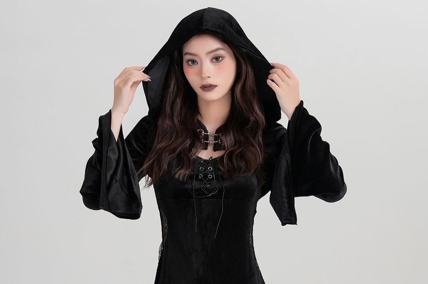 Set: Spaghetti Strap V-Neck Lace Panel Grommet Slit Midi Sheath Dress + Plain Hooded Buckled Shrug
