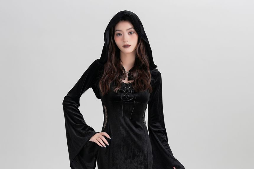 Set: Spaghetti Strap V-Neck Lace Panel Grommet Slit Midi Sheath Dress + Plain Hooded Buckled Shrug