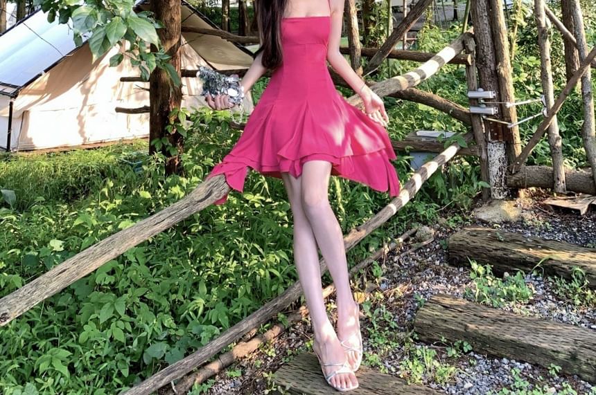 Spaghetti Strap Asymmetrical Plain Mini A-Line Dress
