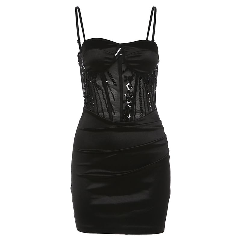 Spaghetti Strap Sequin Sheer Paneled Mini Bodycon Dress