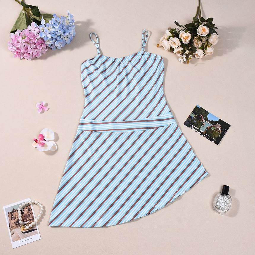Spaghetti Strap Scoop Neck Striped Open-Back Mini Dress