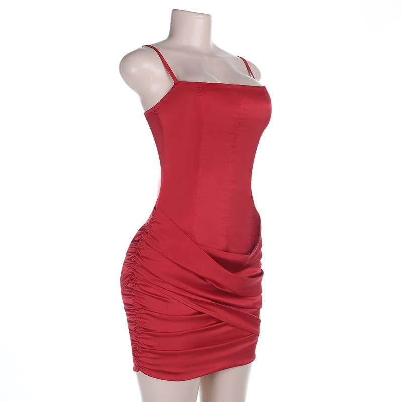 Spaghetti Strap Plain Ruched Satin Mini Sheath Dress