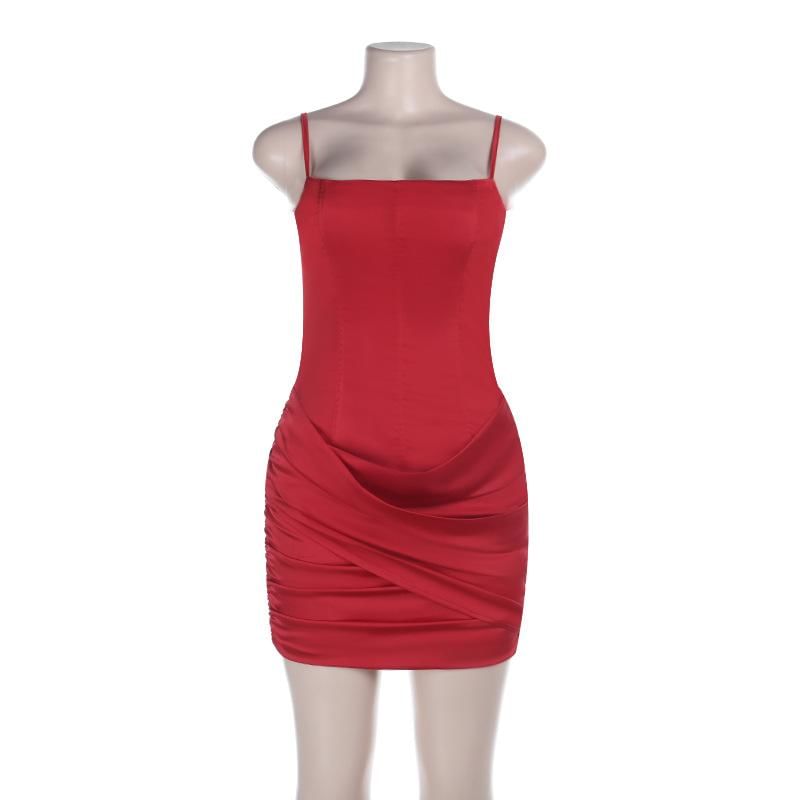 Spaghetti Strap Plain Ruched Satin Mini Sheath Dress