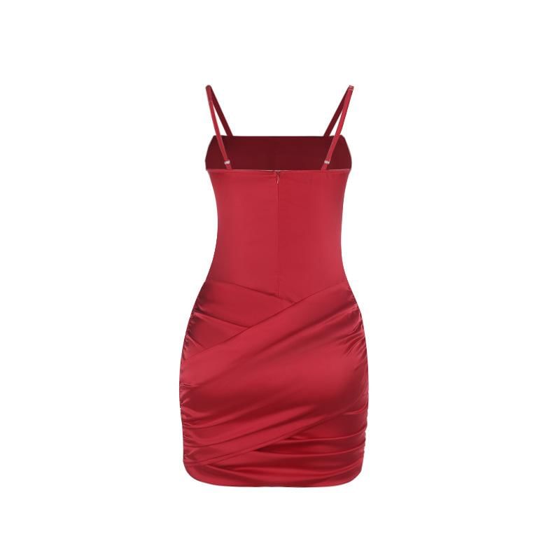 Spaghetti Strap Plain Ruched Satin Mini Sheath Dress
