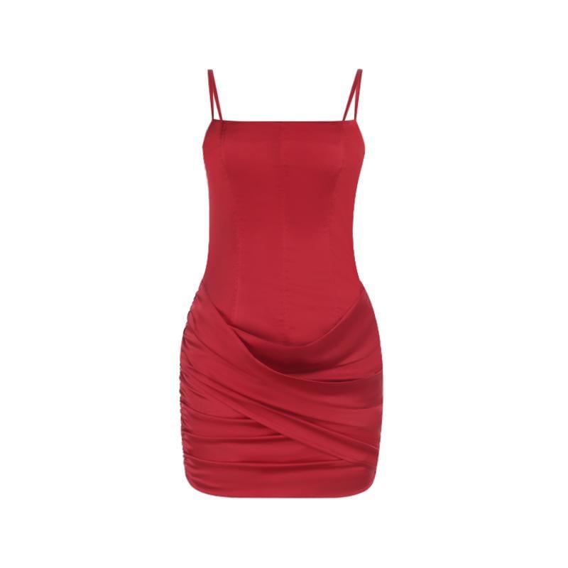 Spaghetti Strap Plain Ruched Satin Mini Sheath Dress