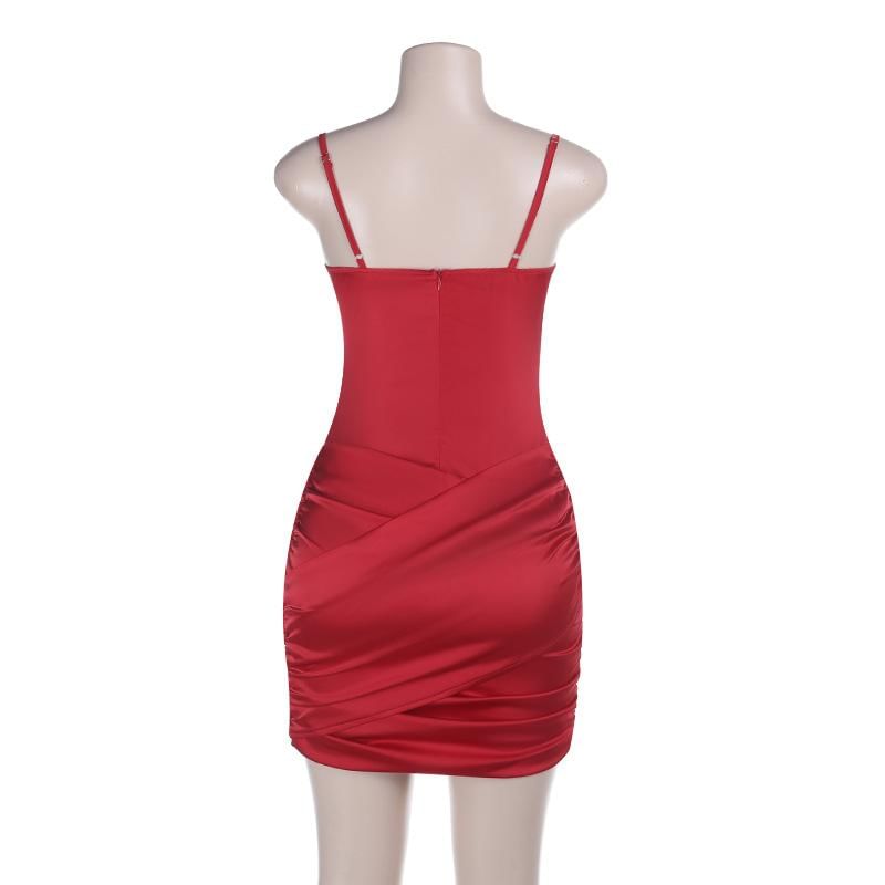 Spaghetti Strap Plain Ruched Satin Mini Sheath Dress