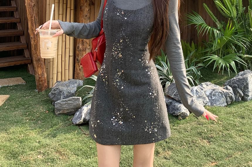 Long-Sleeve Mock Neck Plain T-Shirt / Spaghetti Strap Scoop Neck Sequin Mini A-Line Dress