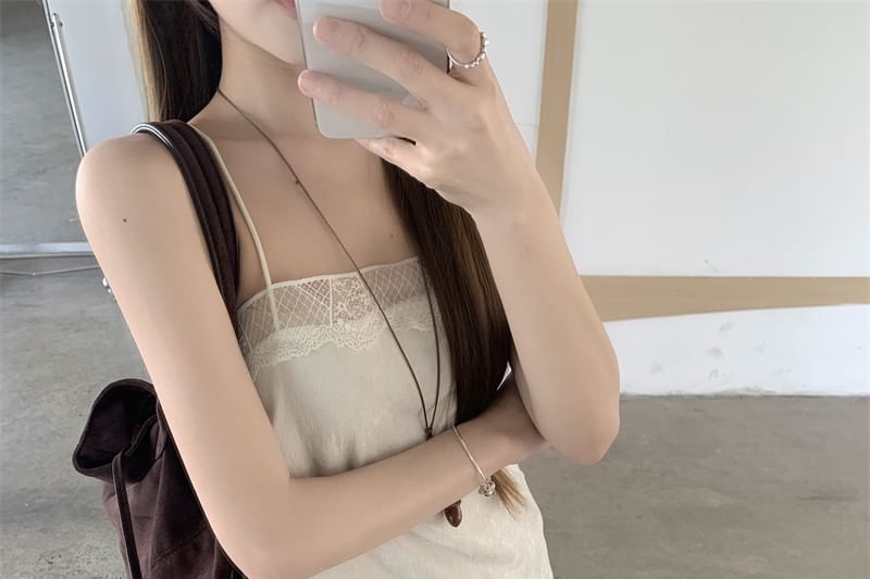 Long-Sleeve Crew Neck Plain Slim Fit T-Shirt / Spaghetti Strap Lace Panel Slit Mini Overall Dress