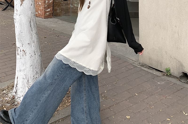 Long-Sleeve Crew Neck Plain Slim Fit T-Shirt / Spaghetti Strap Lace Panel Slit Mini Overall Dress