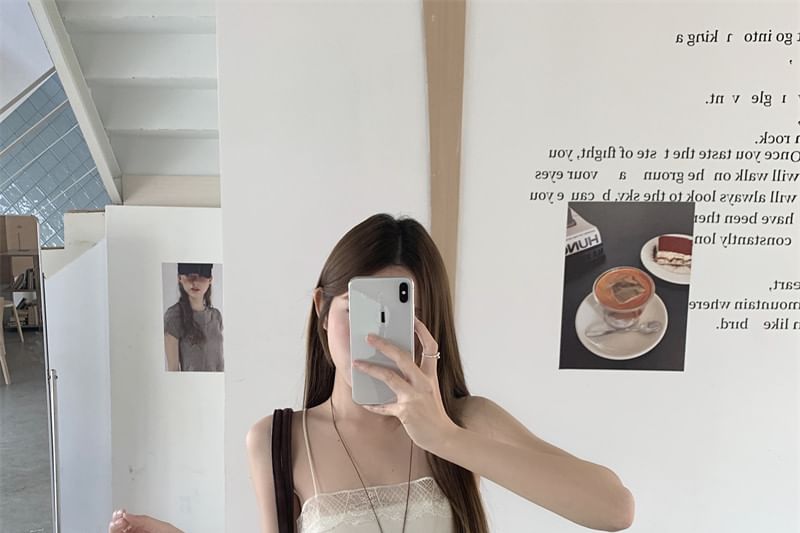 Long-Sleeve Crew Neck Plain Slim Fit T-Shirt / Spaghetti Strap Lace Panel Slit Mini Overall Dress