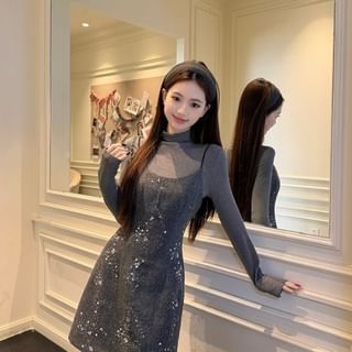 Long-Sleeve Mock Neck Plain T-Shirt / Spaghetti Strap Scoop Neck Sequin Mini A-Line Dress