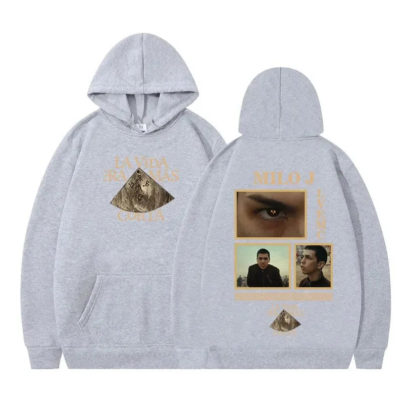 Rapper Milo J Oversized Hoody Album La Vida Era Mas Corta Print Hoodie Men Women Harajuku Pullover Long Sleeves Thick Sweatshirt