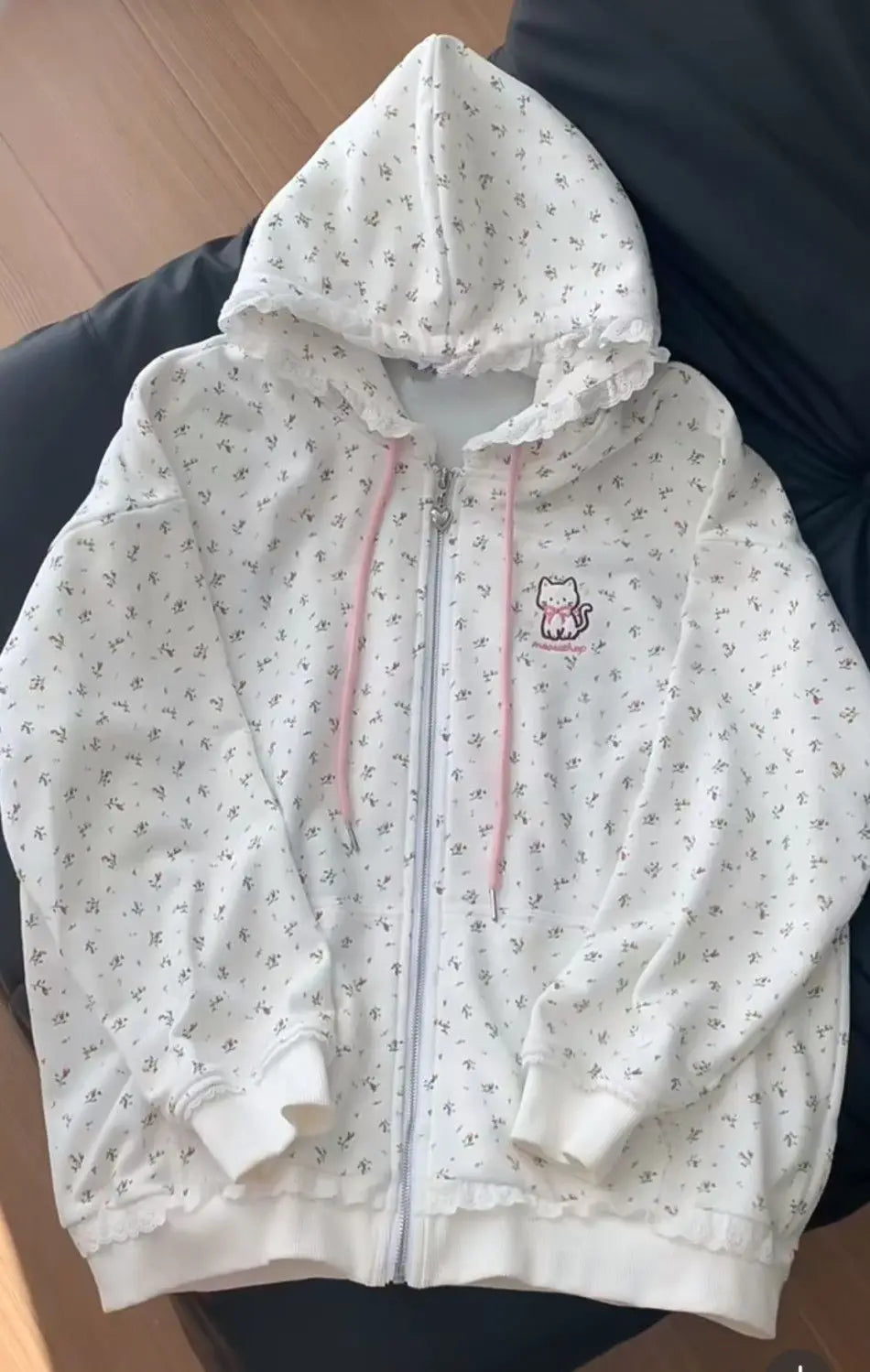 Y2k Hoodies Green Kawaii Cat Floral Print Hooded Zip-up Woman Sweatshirts Pink Thin Jacket Spring Fall Clothes Cute Streetwear