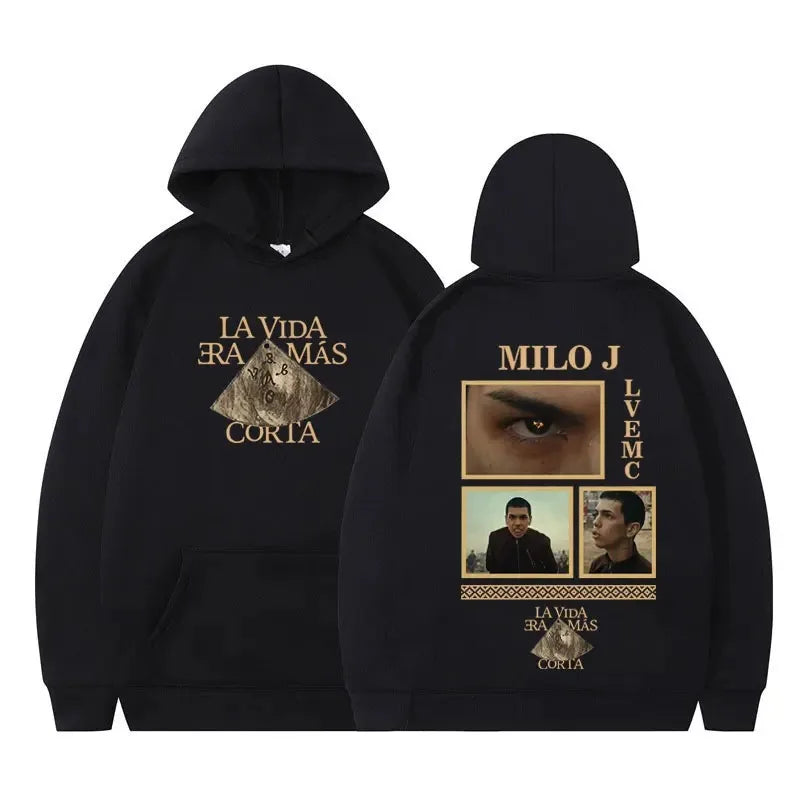 Rapper Milo J Oversized Hoody Album La Vida Era Mas Corta Print Hoodie Men Women Harajuku Pullover Long Sleeves Thick Sweatshirt