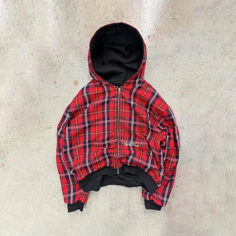 American Retro Reversible Plaid Zipper Hoodie Sweatshirt Mens Womens Casual Plaid Sweatshirt Solid Color Lining Y2K Street Style