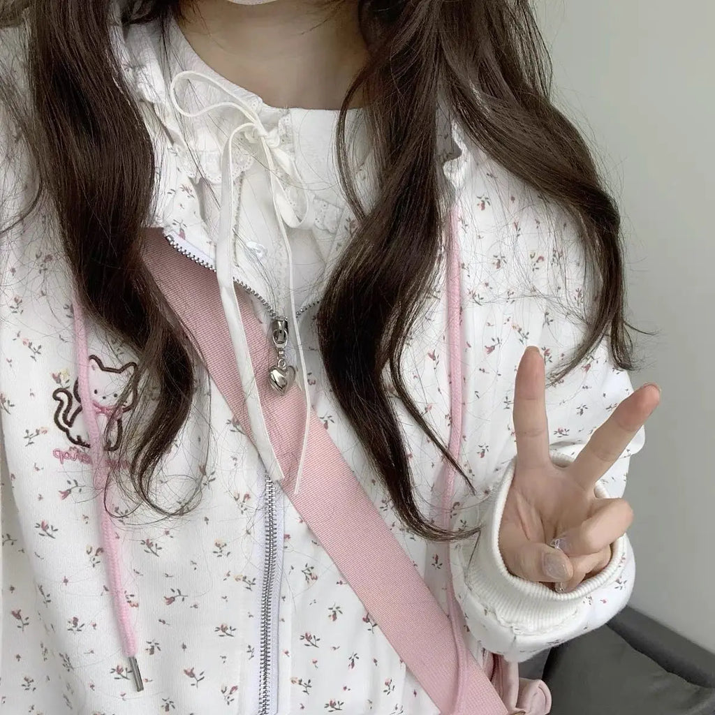Y2k Hoodies Green Kawaii Cat Floral Print Hooded Zip-up Woman Sweatshirts Pink Thin Jacket Spring Fall Clothes Cute Streetwear