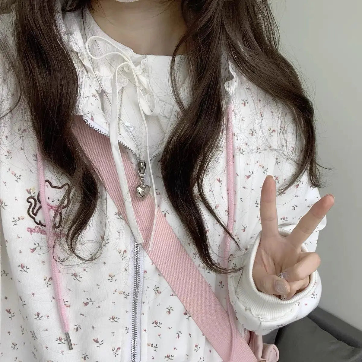 Y2k Hoodies Green Kawaii Cat Floral Print Hooded Zip-up Woman Sweatshirts Pink Thin Jacket Spring Fall Clothes Cute Streetwear