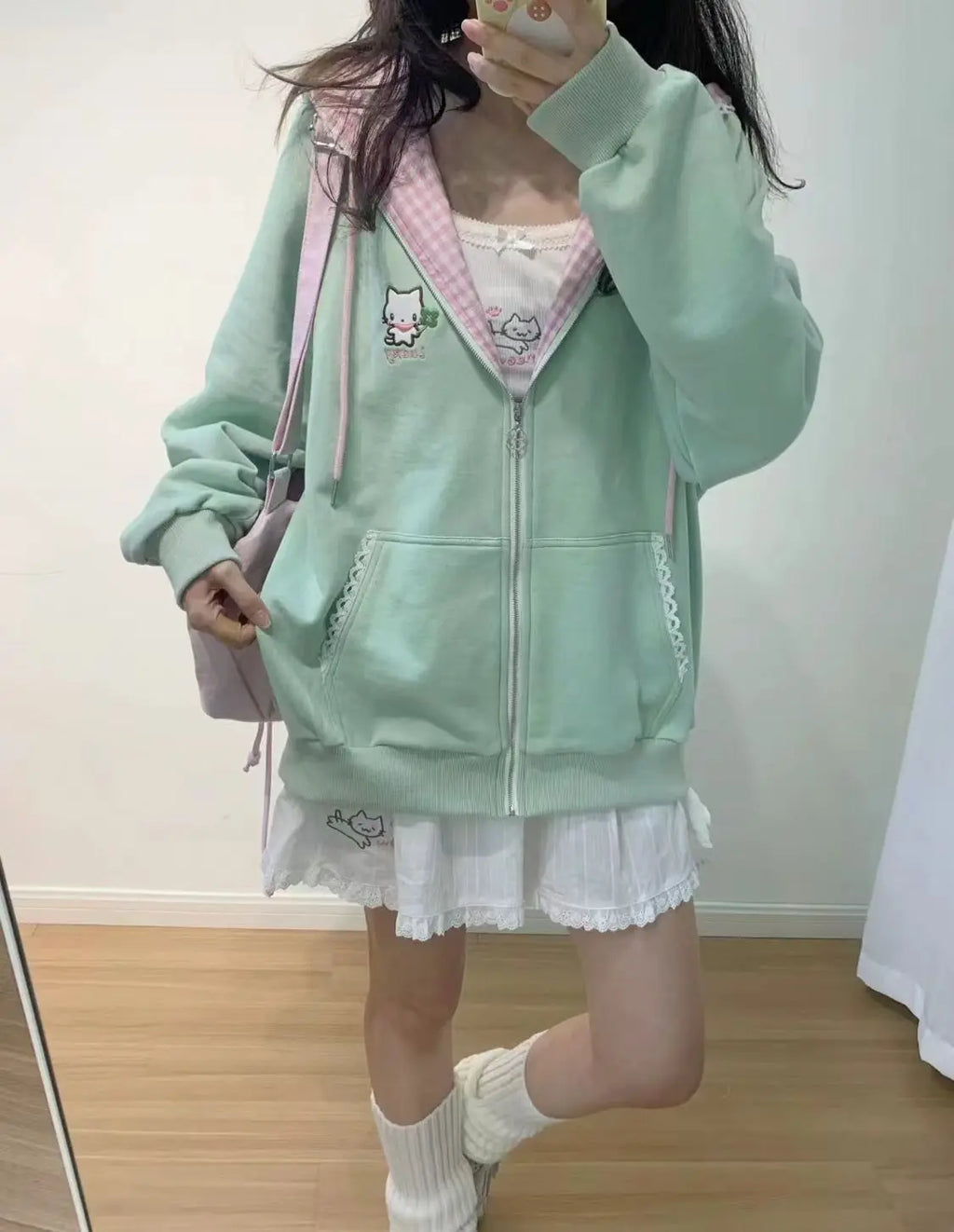 Y2k Hoodies Green Kawaii Cat Floral Print Hooded Zip-up Woman Sweatshirts Pink Thin Jacket Spring Fall Clothes Cute Streetwear