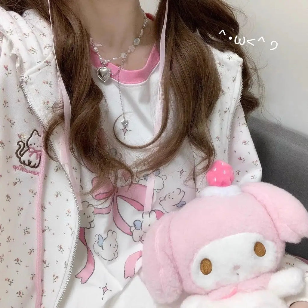 Y2k Hoodies Green Kawaii Cat Floral Print Hooded Zip-up Woman Sweatshirts Pink Thin Jacket Spring Fall Clothes Cute Streetwear