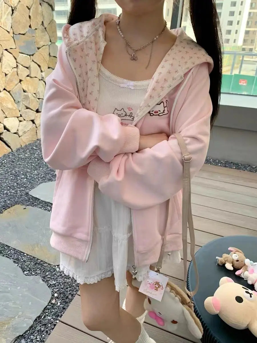 Y2k Hoodies Green Kawaii Cat Floral Print Hooded Zip-up Woman Sweatshirts Pink Thin Jacket Spring Fall Clothes Cute Streetwear