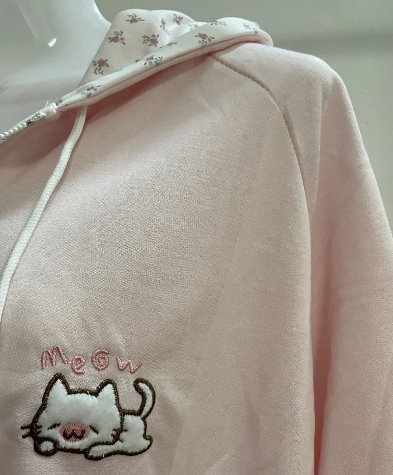 Y2k Hoodies Green Kawaii Cat Floral Print Hooded Zip-up Woman Sweatshirts Pink Thin Jacket Spring Fall Clothes Cute Streetwear