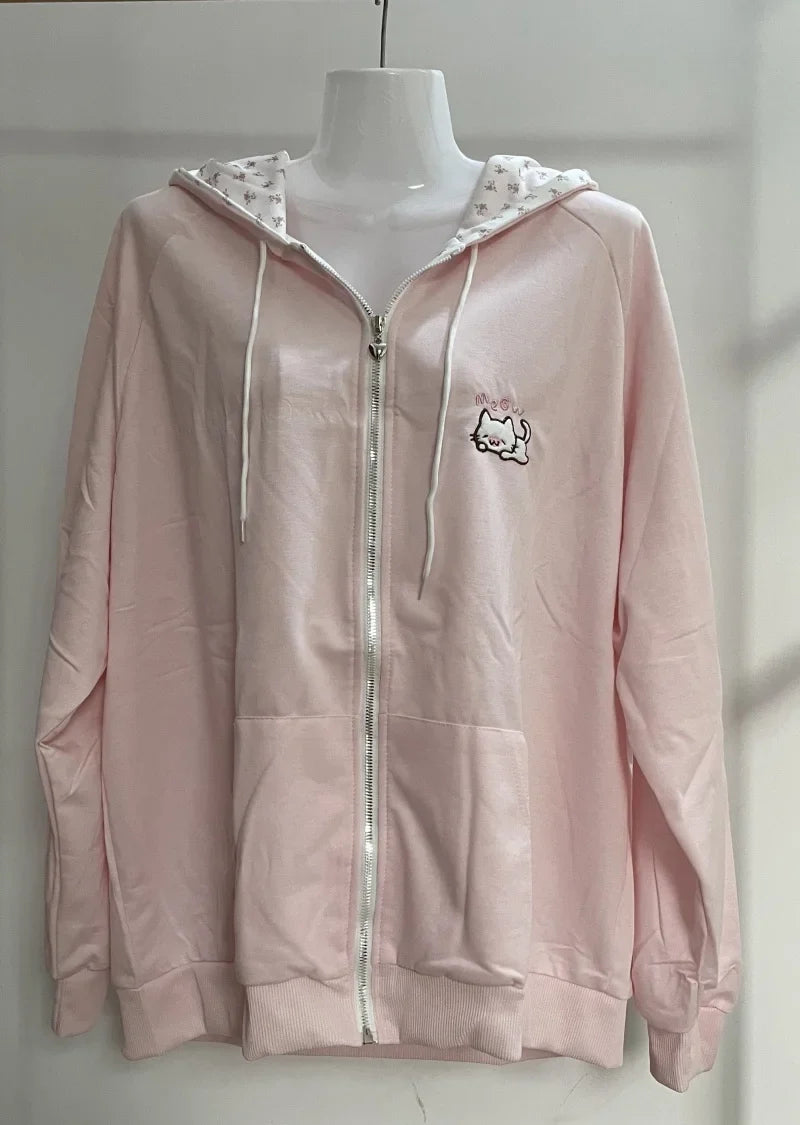 Y2k Hoodies Green Kawaii Cat Floral Print Hooded Zip-up Woman Sweatshirts Pink Thin Jacket Spring Fall Clothes Cute Streetwear