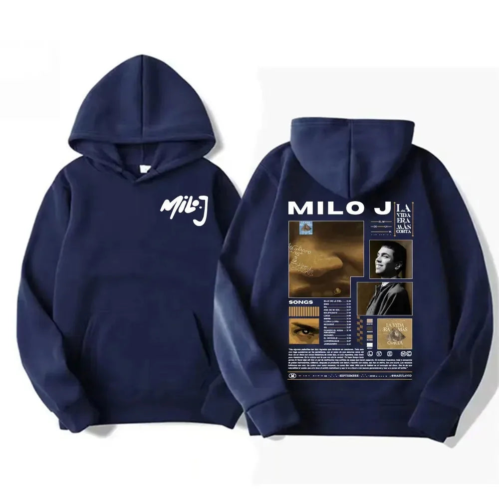 Rapper Milo J Oversized Hoody Album La Vida Era Mas Corta Print Hoodie Men Women Harajuku Pullover Long Sleeves Thick Sweatshirt