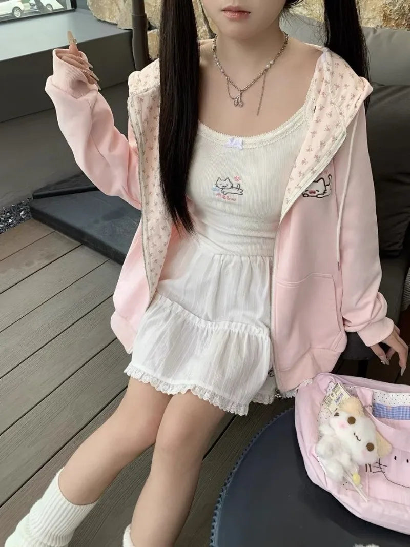 Y2k Hoodies Green Kawaii Cat Floral Print Hooded Zip-up Woman Sweatshirts Pink Thin Jacket Spring Fall Clothes Cute Streetwear