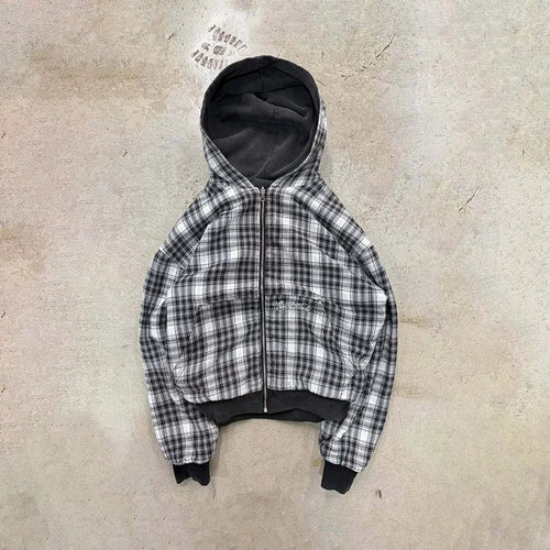 American Retro Reversible Plaid Zipper Hoodie Sweatshirt Mens Womens Casual Plaid Sweatshirt Solid Color Lining Y2K Street Style