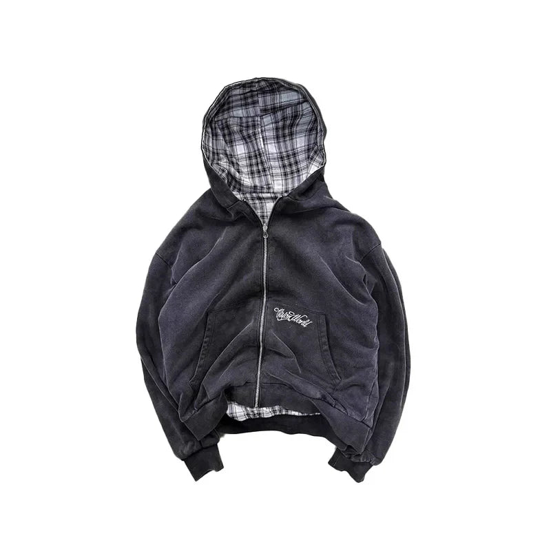 American Retro Reversible Plaid Zipper Hoodie Sweatshirt Mens Womens Casual Plaid Sweatshirt Solid Color Lining Y2K Street Style