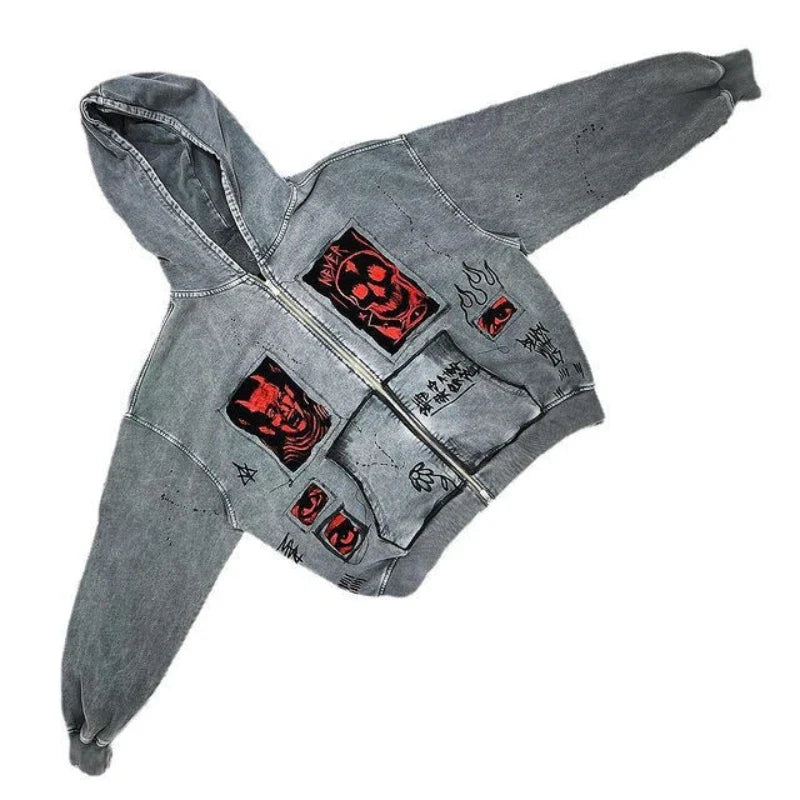 European and American street Y2K devil print fashion trend Harajuku heavyweight men's and women's loose hooded hoodie Y2K EMO
