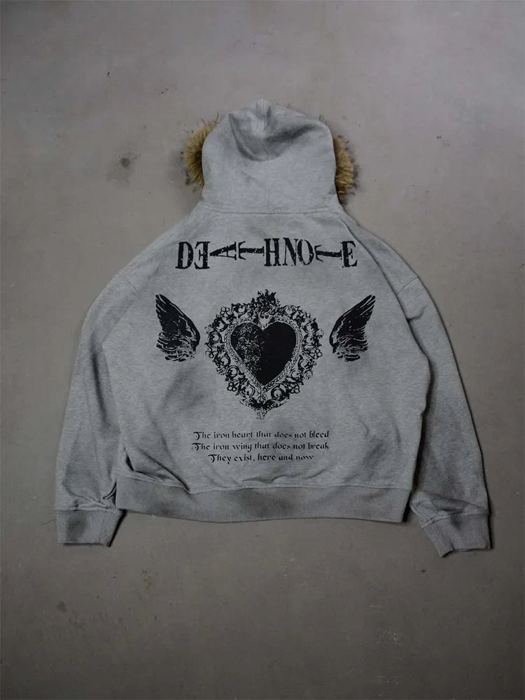 Winter Fashion Streetwear Women's Gothic Printed Faux Fur Hooded Jacket Trendy Edgy Zip - Up Sweatshirt 2026 New Arrival
