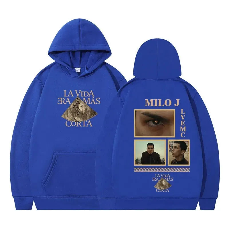 Rapper Milo J Oversized Hoody Album La Vida Era Mas Corta Print Hoodie Men Women Harajuku Pullover Long Sleeves Thick Sweatshirt