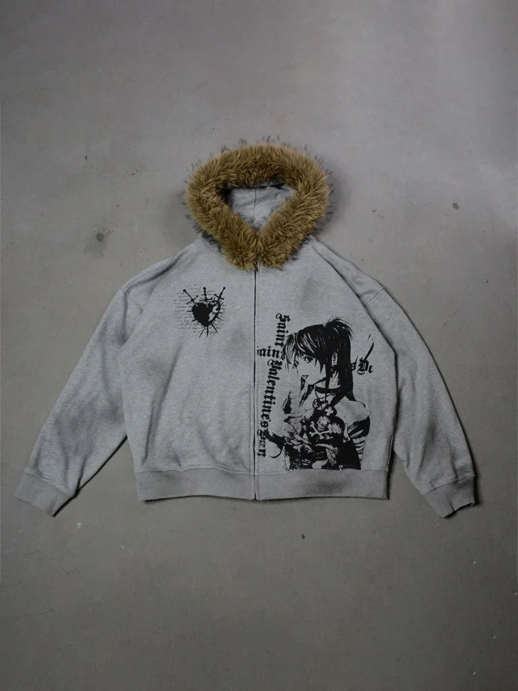 Winter Fashion Streetwear Women's Gothic Printed Faux Fur Hooded Jacket Trendy Edgy Zip - Up Sweatshirt 2026 New Arrival