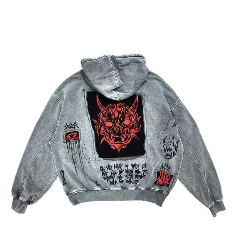 European and American street Y2K devil print fashion trend Harajuku heavyweight men's and women's loose hooded hoodie Y2K EMO